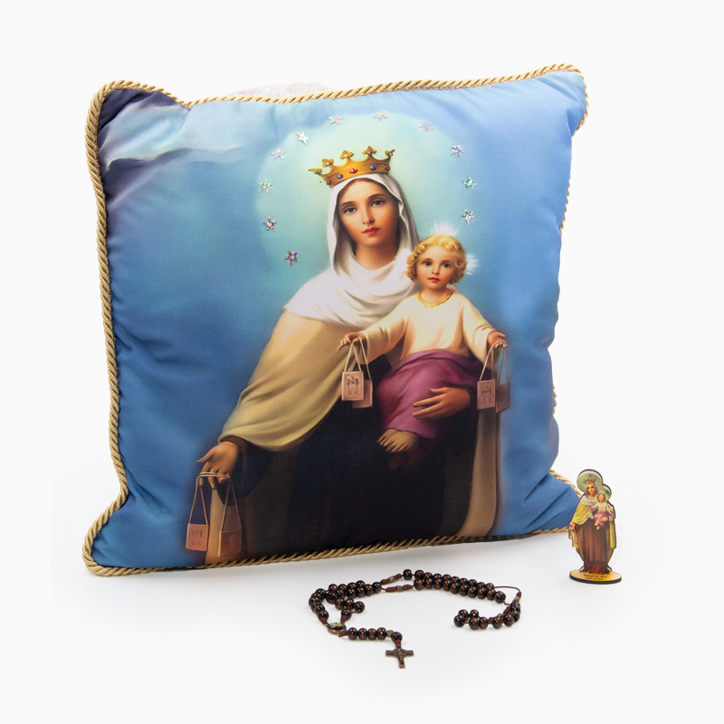 Kit Cojín Virgen del Carmen + Camándula + obsequio imagen Virgen del Carmen