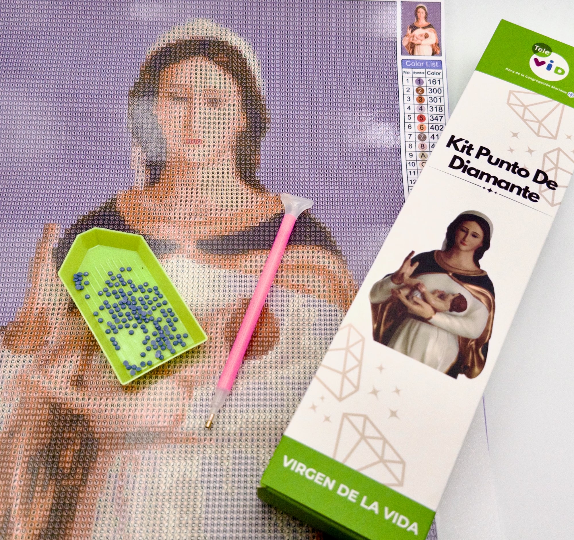 Combo 4: Kit Punto de Diamante Virgen de la Vida + Marco + Agua Bendita