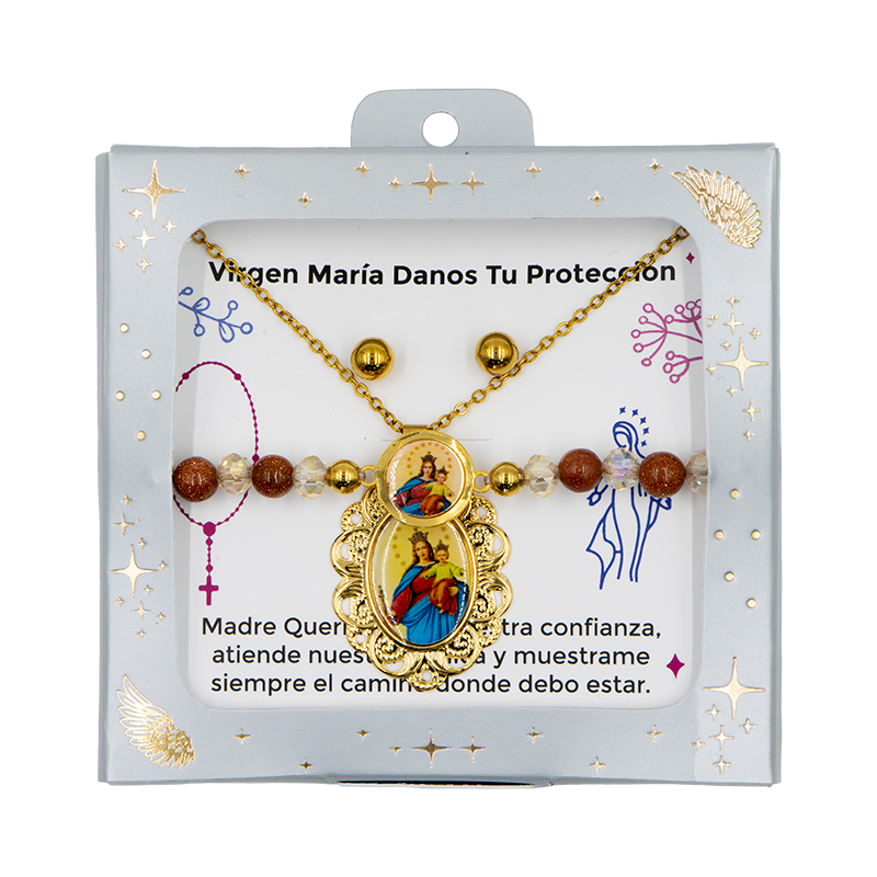 Accesorios Virgen María Auxiliadora (collar + aretes + pulsera)